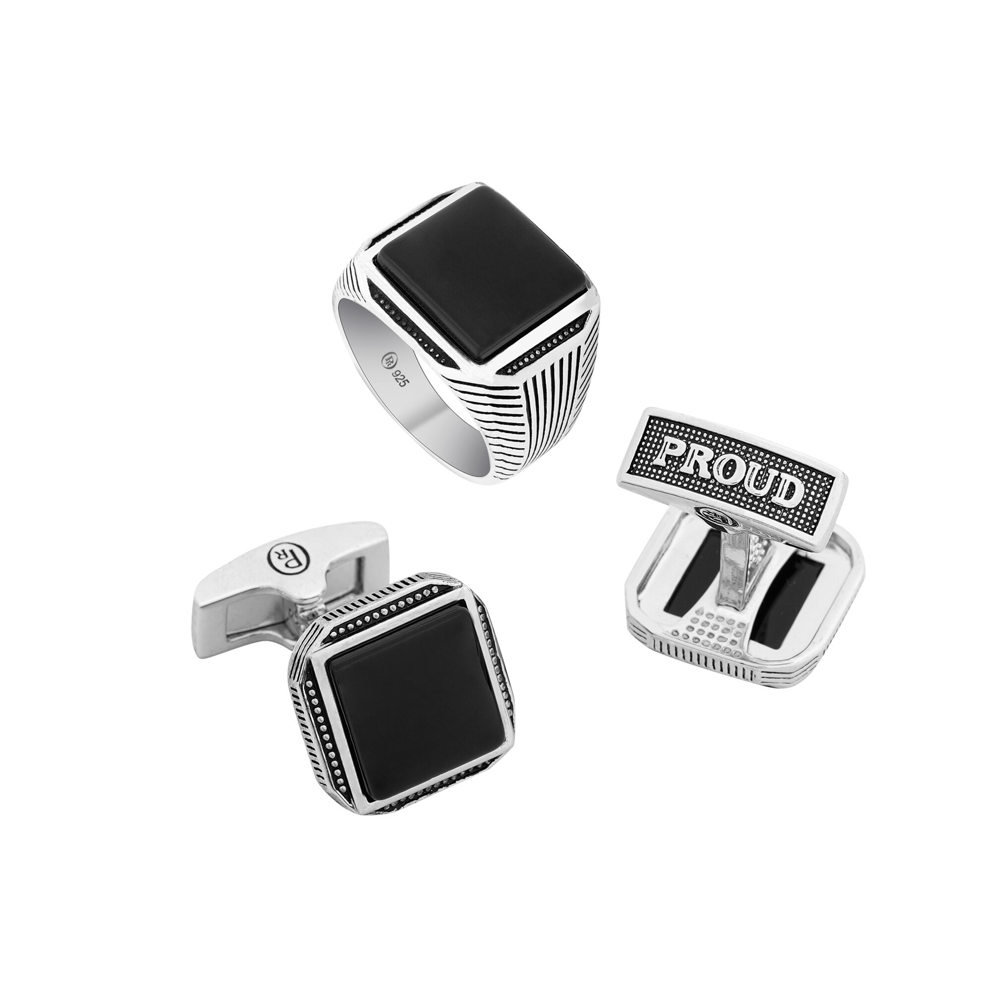 Box + R4253-C63-7-23 Silver Ring and Cufflinks Set