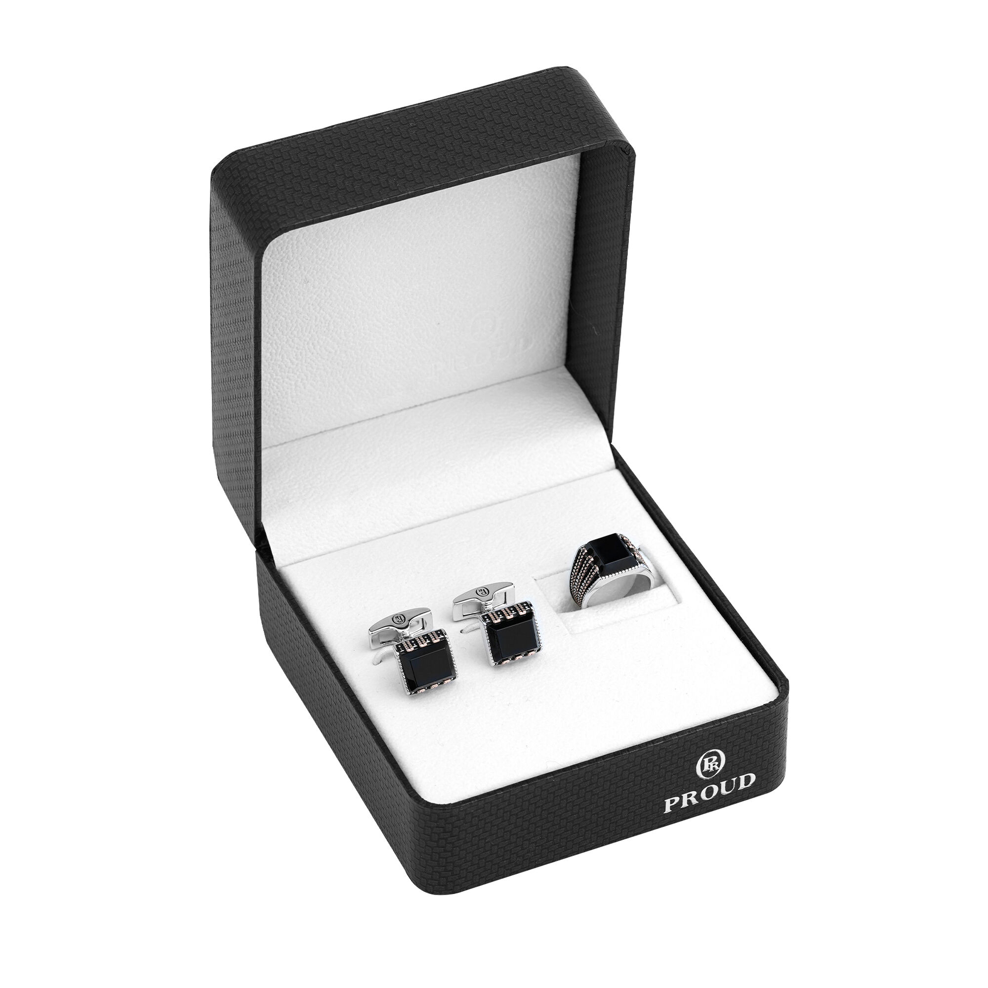 Box + R4588-C55-7-23 Silver Ring and Cufflinks Set