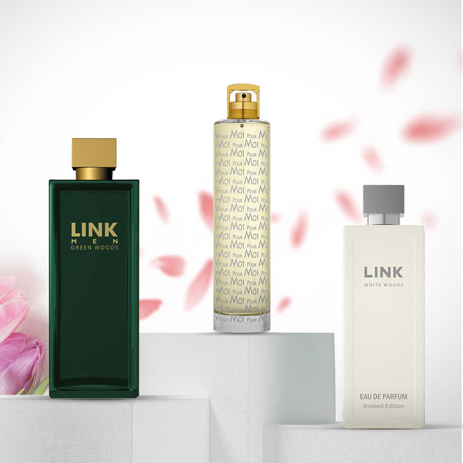 The perfume collection "Link White - Link Green - POUR MOI."