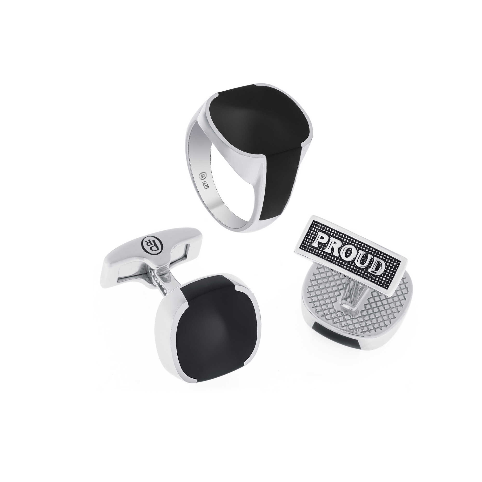 set of a silver ring and a cufflink,proud