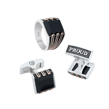 Box + R4588-C55-7-23 Silver Ring and Cufflinks Set
