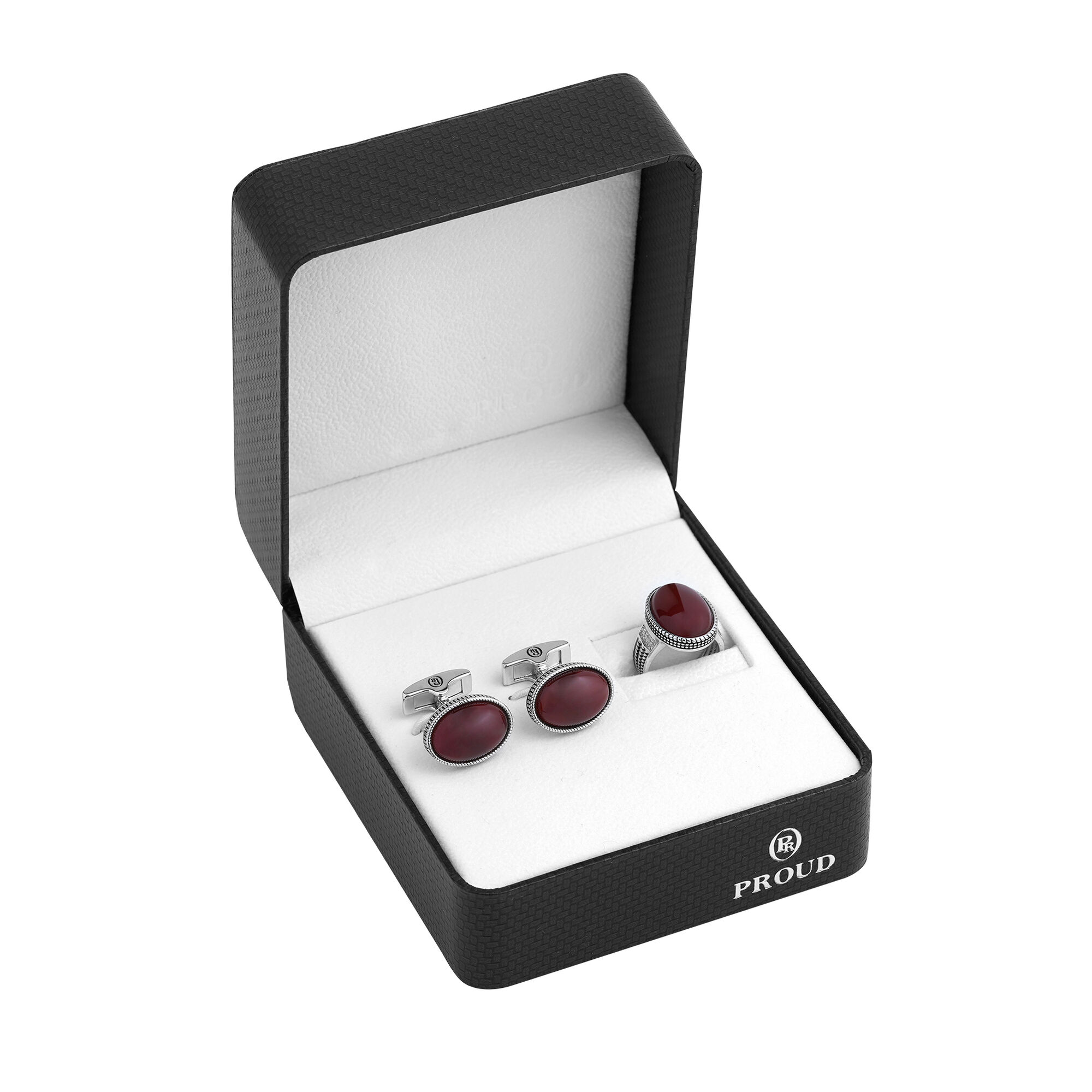 Box + R4357-C62-6-23 Silver Ring and Cufflinks Set